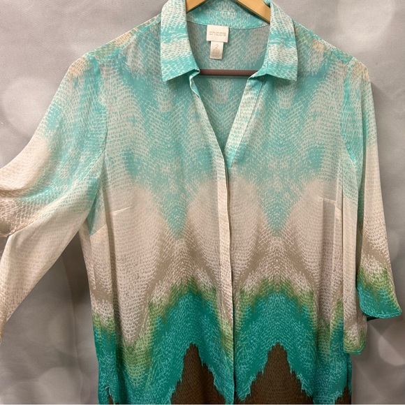 Chico’s button down blouse in size 2 or large in blue, green and brown ombre - Picture 2 of 8